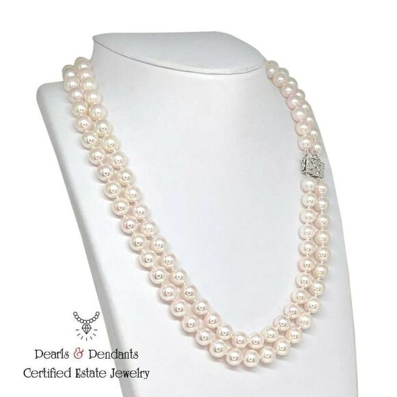 Diamond Akoya Pearl Necklace 8 mm 14k Gold 2-Strand Certified $9,750 010928 - Picture 2 of 8